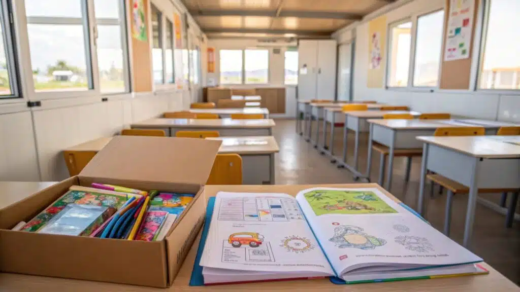 Empty classroom filled with desks, students' books on the table in the forefront