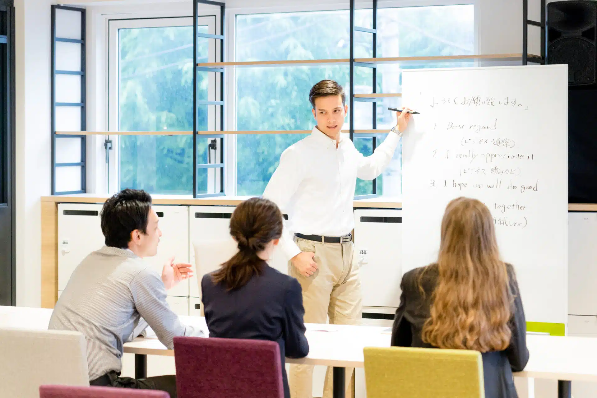 A teacher standing at a flipchart in an ESP English for Specific Purposes class