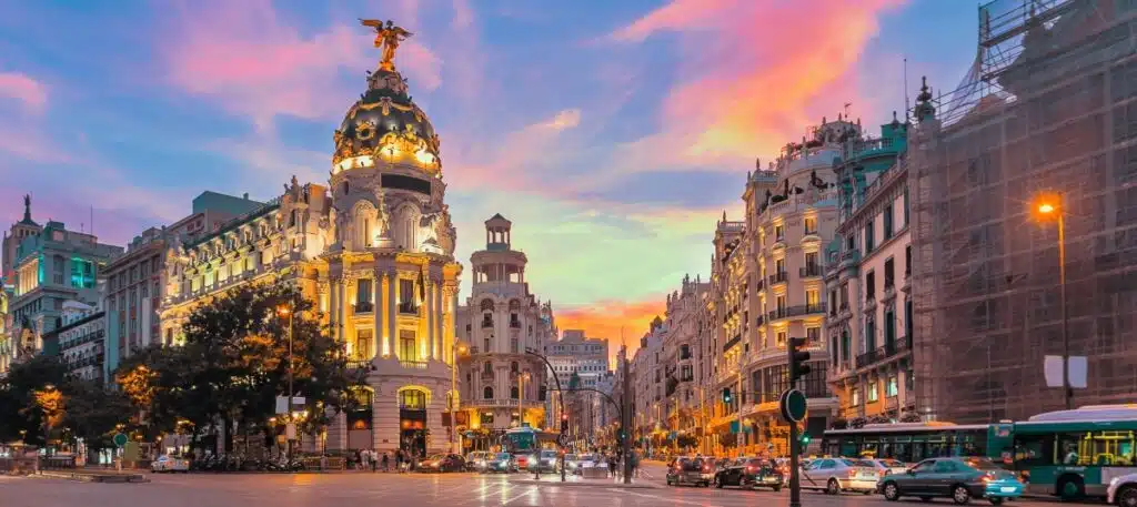 Madrid city skyline gran via street twilight , Spain