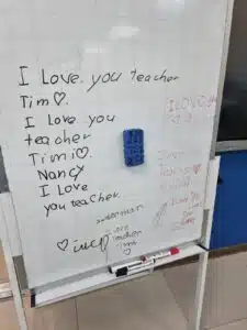 A whiteboard in Timea's classroom 